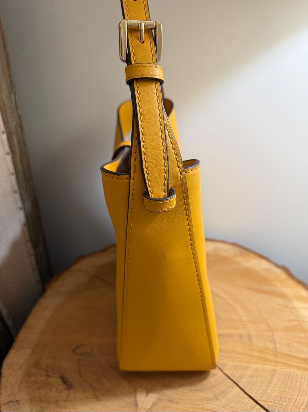 Michael Kors Yellow Leather Shoulder Tote with Gold MK Charm - Picture 7 of 7